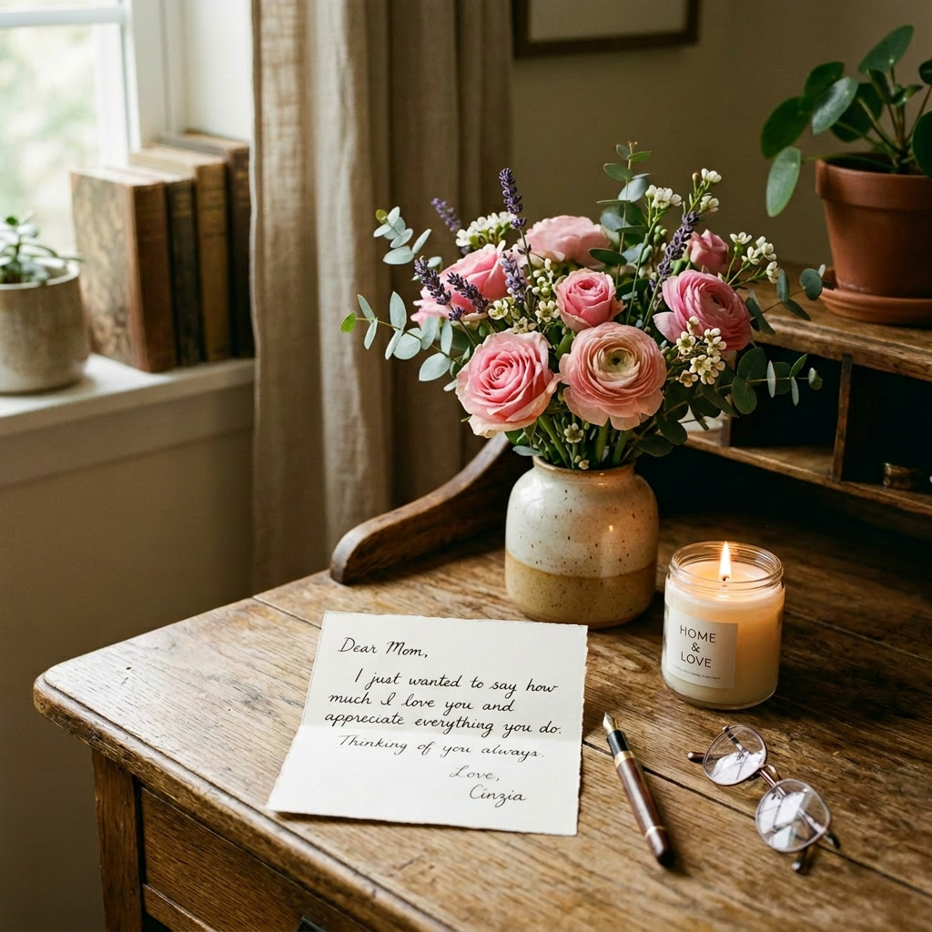 Handwritten letter to Mom with pink flowers in vase and lit candle on wooden desk