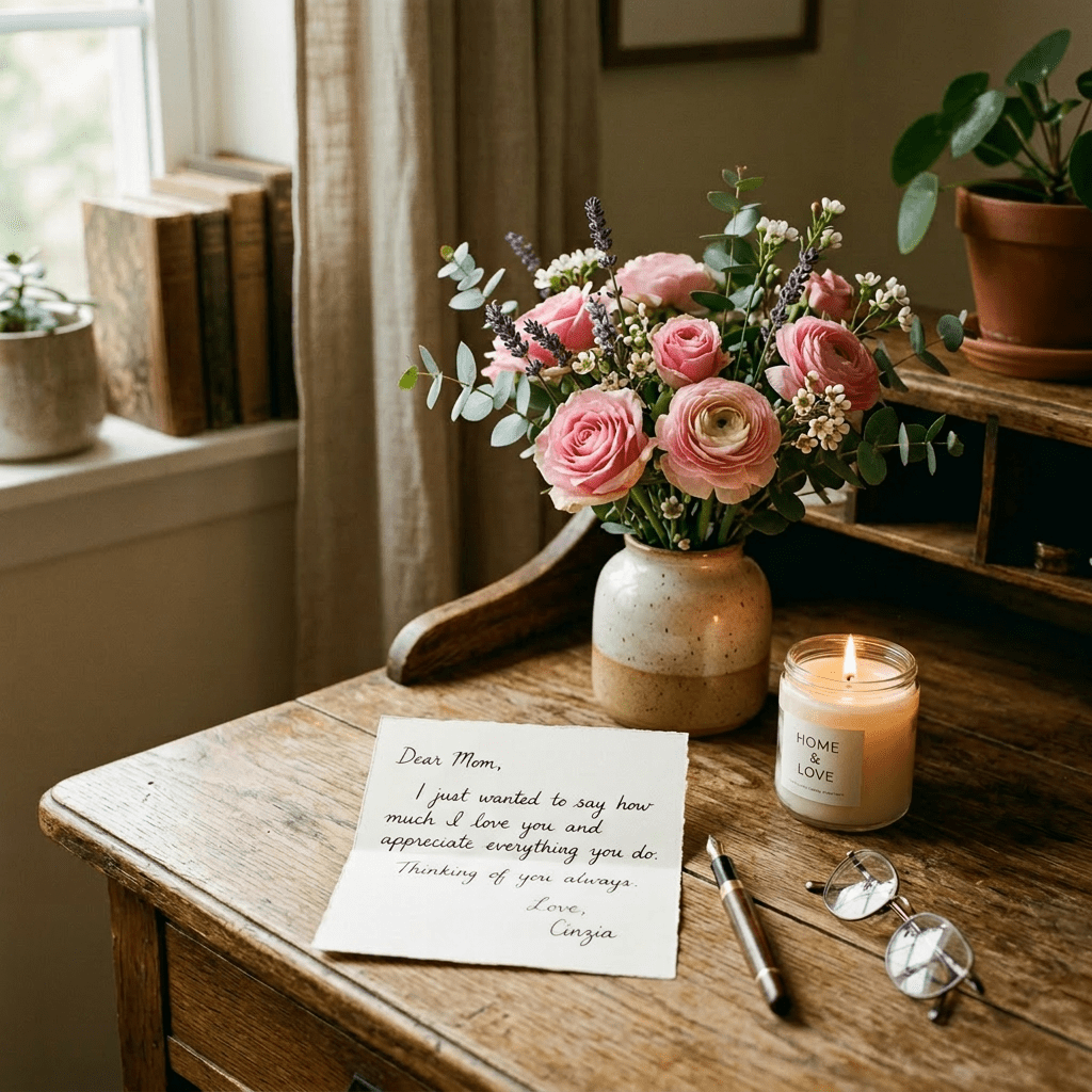Handwritten letter to Mom with pink flowers in vase and lit candle on wooden desk